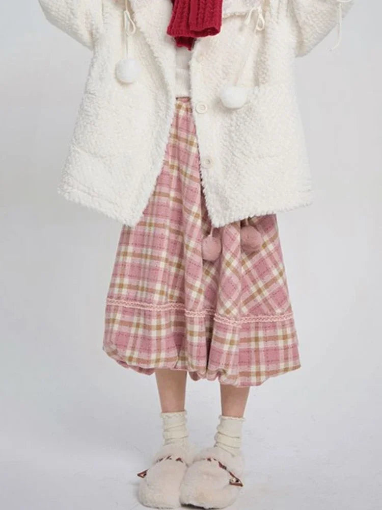 Long Pink Plaid Skirt