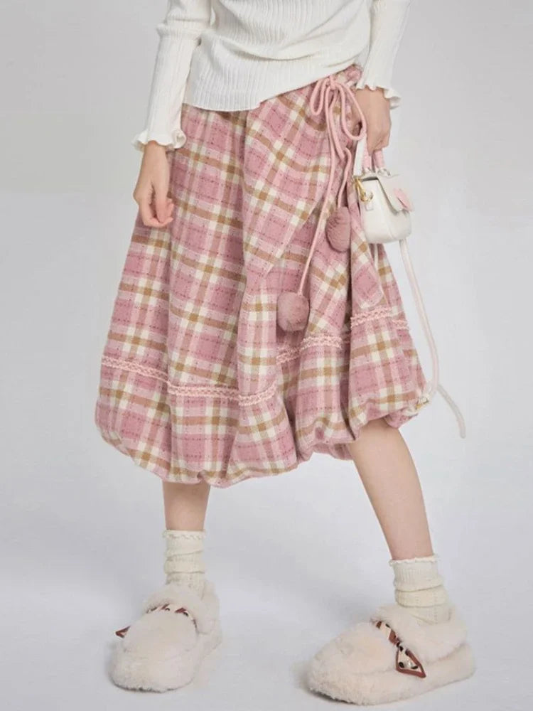 Long Pink Plaid Skirt