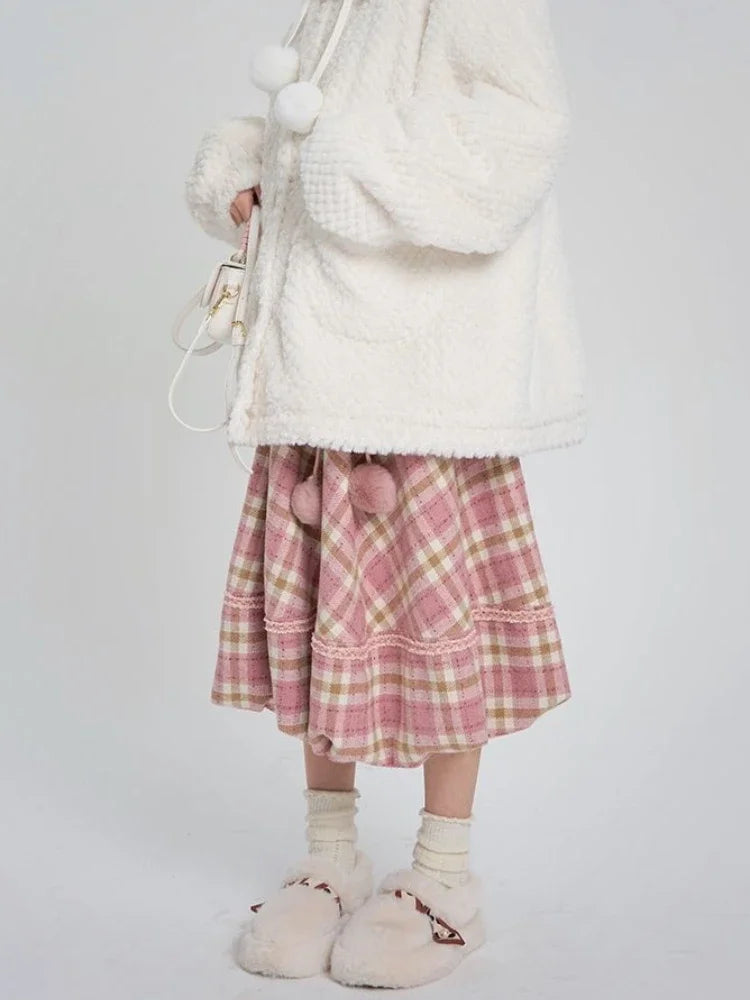 Long Pink Plaid Skirt