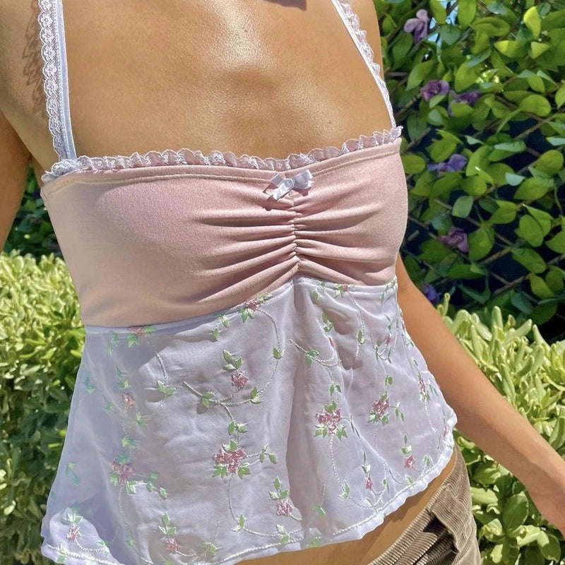 Pink Embroidered Flower Tank