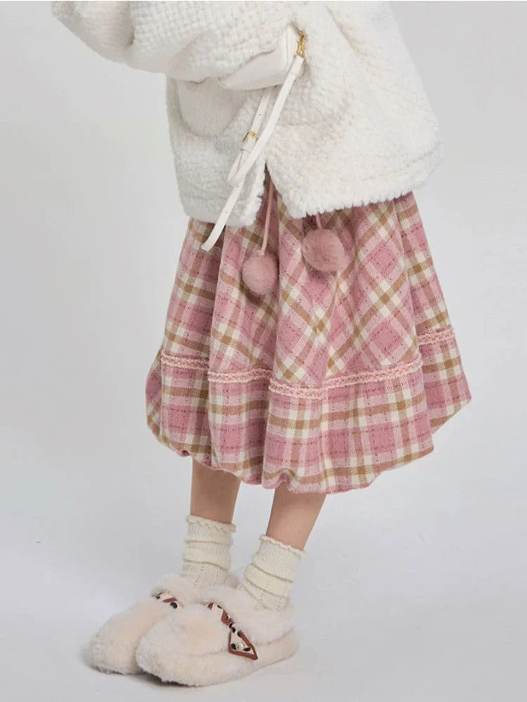 Long Pink Plaid Skirt
