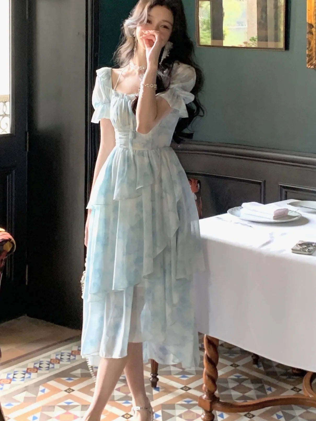 Chiffon Print Blue Dress