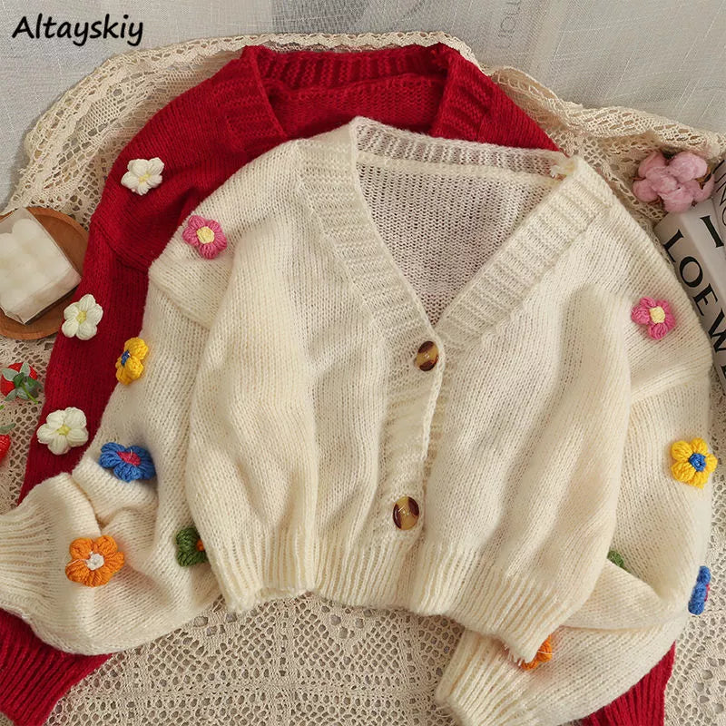 Knitted Flower Cropped Cardigan